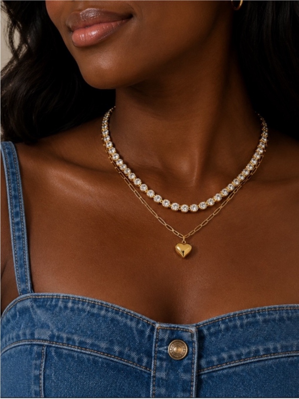 New! Gold Plated Bevel Crystal Heart Paperclip Chain Necklace NWOT 5024